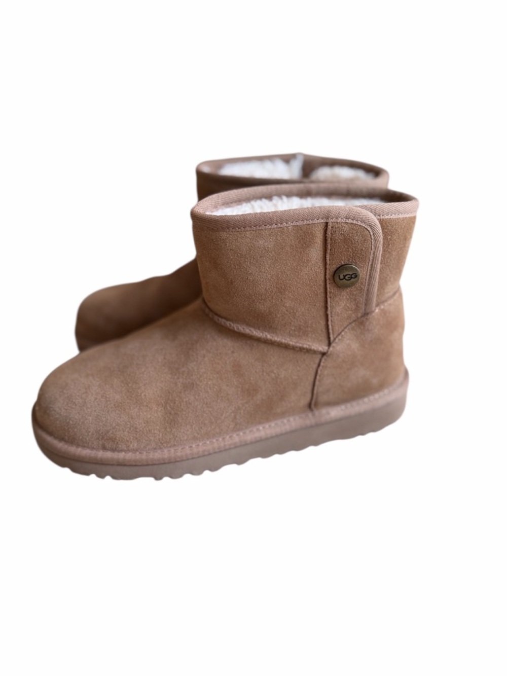 UGG Brown Tan Suede Ankle Boot Loafer Girls Trim Sheep Skin Jona Boots Size 4